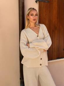 SHEIN EZwear 女式纯色落肩长袖单排扣休闲开衫和裤子套装，秋季 - 杏色 - 查看 6