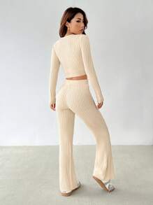 SHEIN PETITE Khaki Ribbed Knit Cardigan & Knit Pants - Apricot - View 2