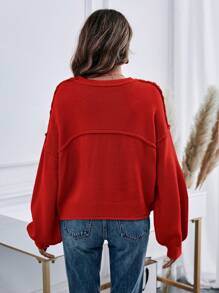 SHEIN Unity Women Solid Color Pocket Round Neck Drop Shoulder Long Sleeve Casual Sweater, Autumn/Winter For New Year Knit Pullover Fall - Red - View 2