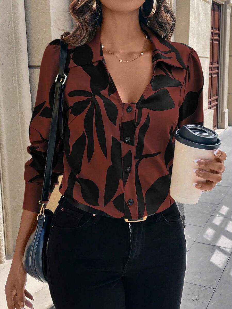 SHEIN LUNE 女士植物印花长袖单排扣休闲衬衫，秋季，长袖上衣 - 彩色 - 查看 1