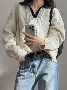 DAZY Women's Contrast Trim Ribbed Loose Polo Neck Long Sleeve Sweater Fall - Grey - View 1