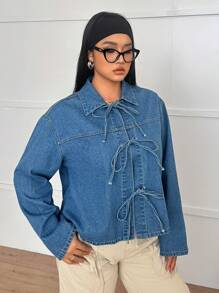 SHEIN EZwear Chaqueta vaquera de manga larga con detalle de lazo, azul, talla grande