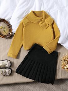 SHEIN Conjunto de 2 piezas para niña con jersey retro, jersey de cuello alto rosado y falda mini gris, atuendo de otoño