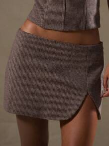 MUSERA 分叉下摆格子迷你裙 Y2k 夏季派对度假节日 - 咖啡棕 - 查看 4