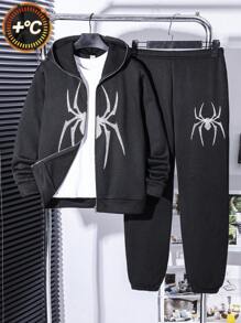 Tween Boy Casual Spiderweb Graphic Zip Front Hoodie And Elastic Waist Pants Set, Suitable For Autumn, Spring, Winter, Fits For Outdoor Play, School, Street Fashion, Party, And Leisure Wear