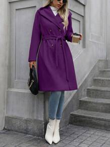 SHEIN Clasi Women Regular Casual Commuter Fashion Business Belt Waist Hooded Long Sleeve Regular Coat - Purple - View 5