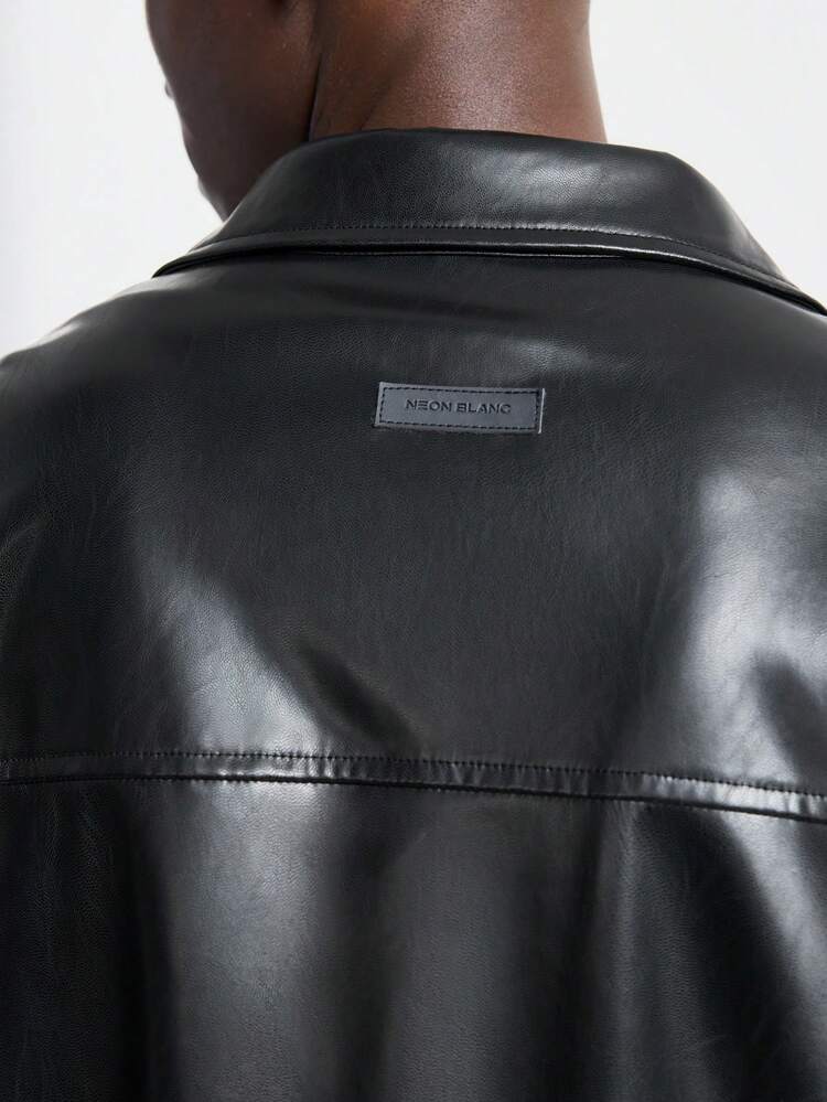 Men Black Loose Fit Street Style Leather Jacket, For Fall Winter