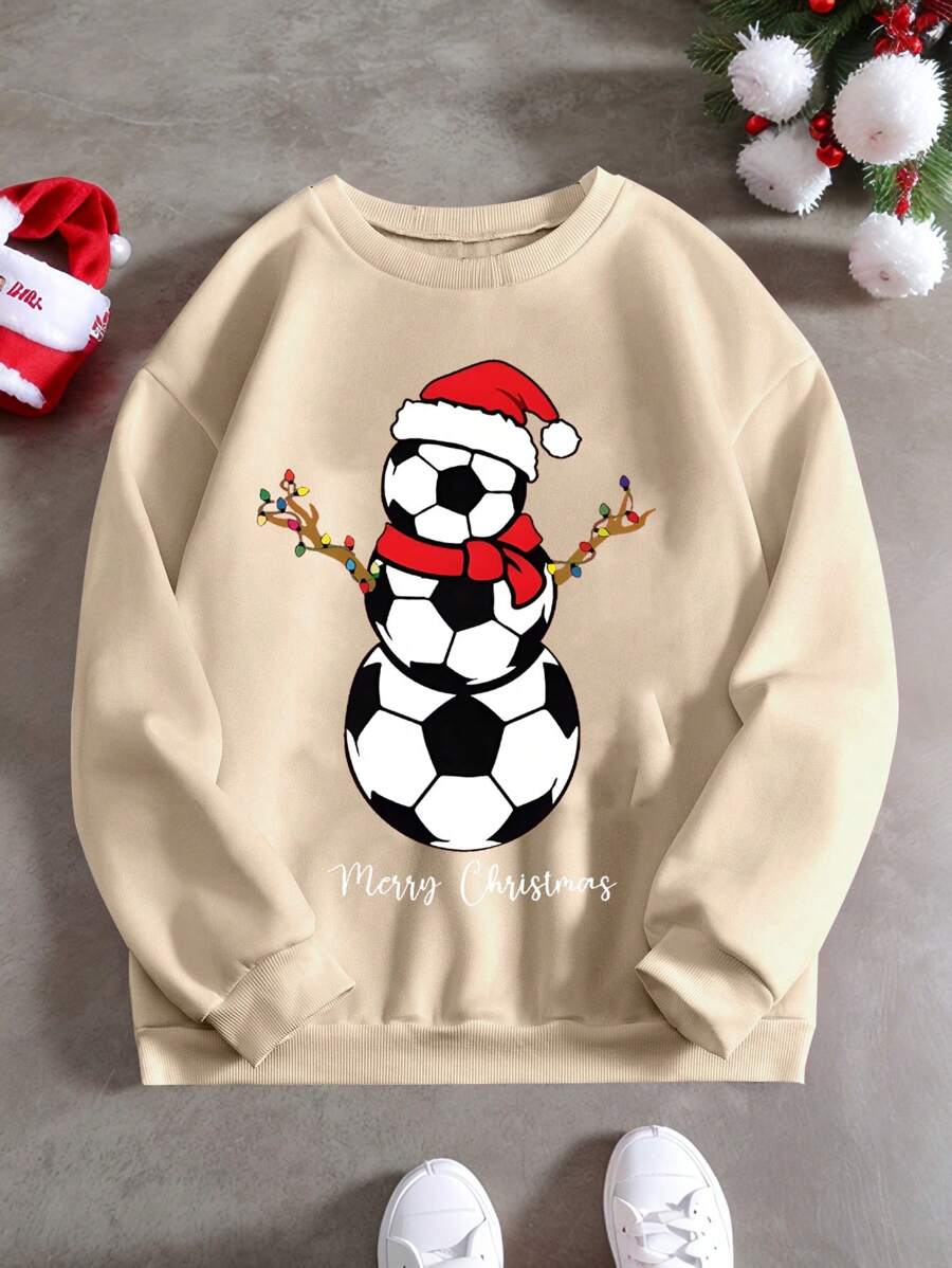 Tween Boys' Round Neck Long Sleeve Printed Casual Pullover Sweatshirt, For Christmas - Khaki - View 1
