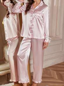 LuxeNights 1 Set de Pijama de Manga Larga con Diseño de Puños y Pantalones en unicolor de Seda Artificial, para Vacaciones