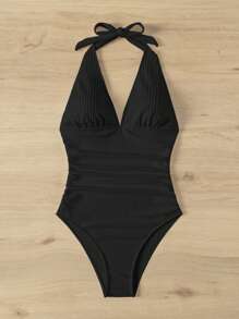 SHEIN Swim 1pc Deep V-Neck Backless Sexy One-Piece Swimsuit Summer - Black - View 8