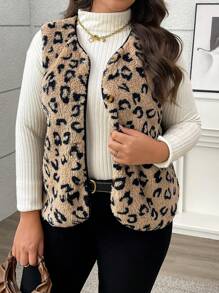 Calvaya Plus Size Casual Leopard Print Front Button Sleeveless Jacket For Autumn