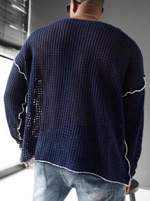 Manfinity Homme Plus Size Men's Fashion Hollow-Out Number Pattern Knit Sweater, Autumn - Multicolor - View 2