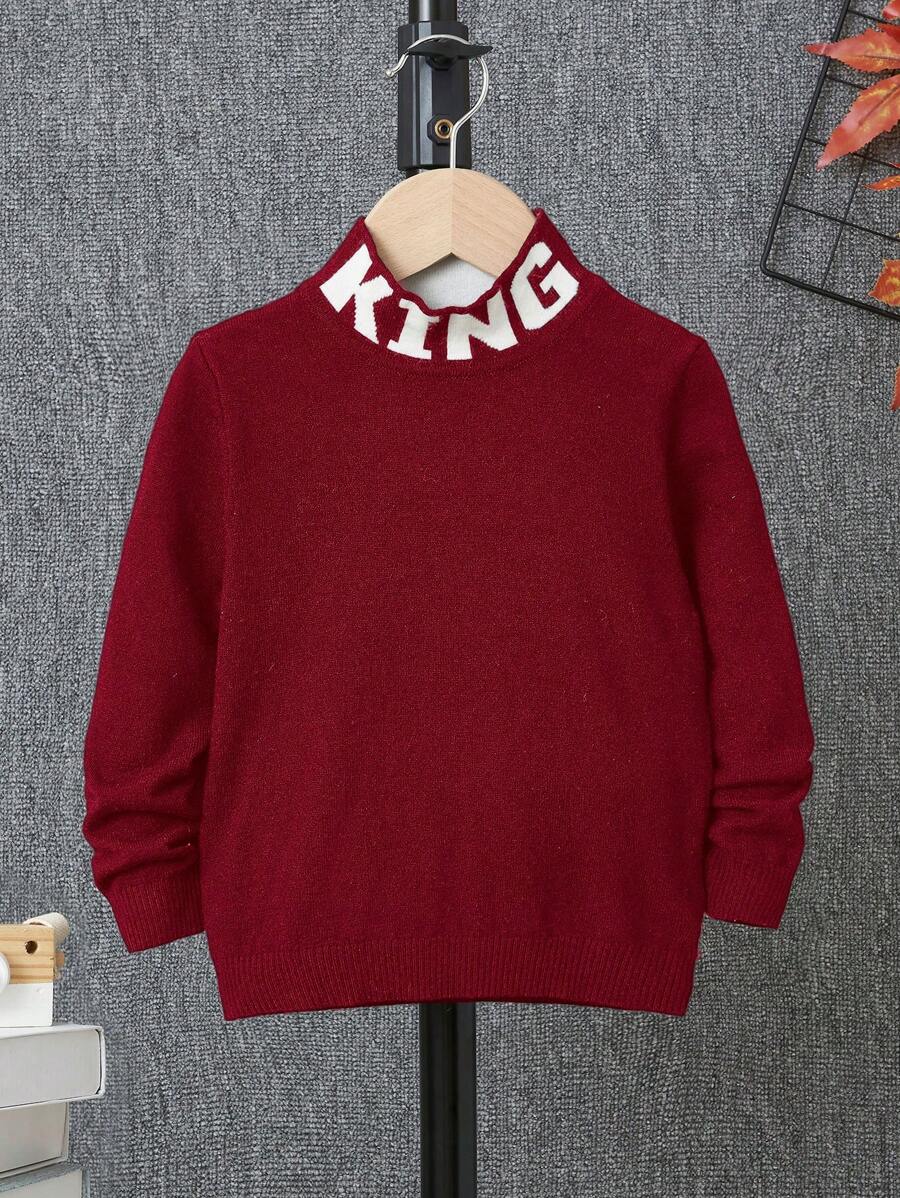 SHEIN Leap Crew Young Boys Collegiate Style Mock Neck Pullover Sweater - Red - View 1