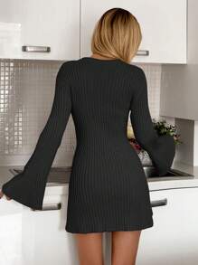RueChic Casual Ribbed Flared Sleeve Mini Sweater Dress, Autumn/Winter - Black - View 2