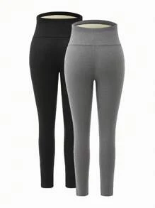 SHEIN 2 件套孕妇天鹅绒内衬打底裤（黑色和灰色），适合秋冬季 - 彩色 - 查看 2