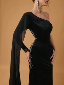 SHEIN Belle Plus Size Women's Elegant Knitted Black Velvet Splicing Beaded Waist Fitted Formal Evening Dress Gown, Long Sleeve Prom Dress, For Wedding Guest, Graduation, Dinner - Black - View 1