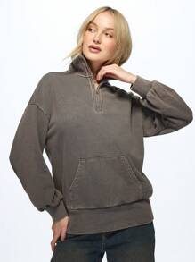 MISSGUIDED 四分之一拉链套头衫，带袋鼠口袋，柔软法国毛圈布，运动休闲家居服，秋冬必备 - 灰色 - 查看 7