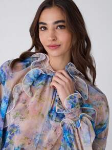 Enchnt Women Ruffled Cuff Sheer Allover Floral Print Elegant Work Long Sleeve Blouse,Fashionable For Daily Wear,For Christmas Party&Romantic Dinner Dates - Blue - View 3