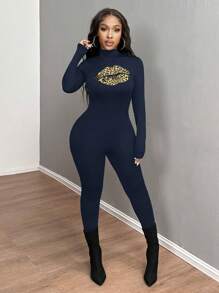 SHEIN SXY Mono de mujer con cuello alto, estampado de leopardo y unicolor - Azul Marino - Ver 6