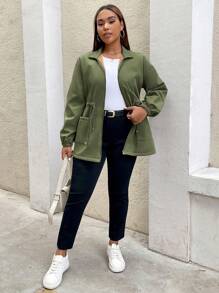 SHEIN Essnce 大码女装秋冬时尚休闲宽松大码保暖绿色腰长袖高领中长外套，冬季女装，曲线装，高领女式夹克，感恩节 - 卡其色 - 查看 5