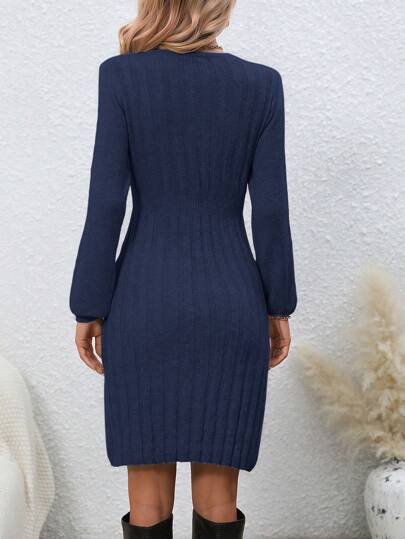 SHEIN LUNE Casual Solid Color Lantern Sleeve Waisted Knit Sweater Dress, For Autumn/Winter