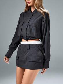 GENKIRA Nuevo conjunto de 2 piezas de chaqueta corta con bolsillos tipo cargo y falda mini, estilo callejero suelto, para primavera/otoño, para el Día de San Valentín y primavera, para mujeres - Gris Oscuro - Ver 7