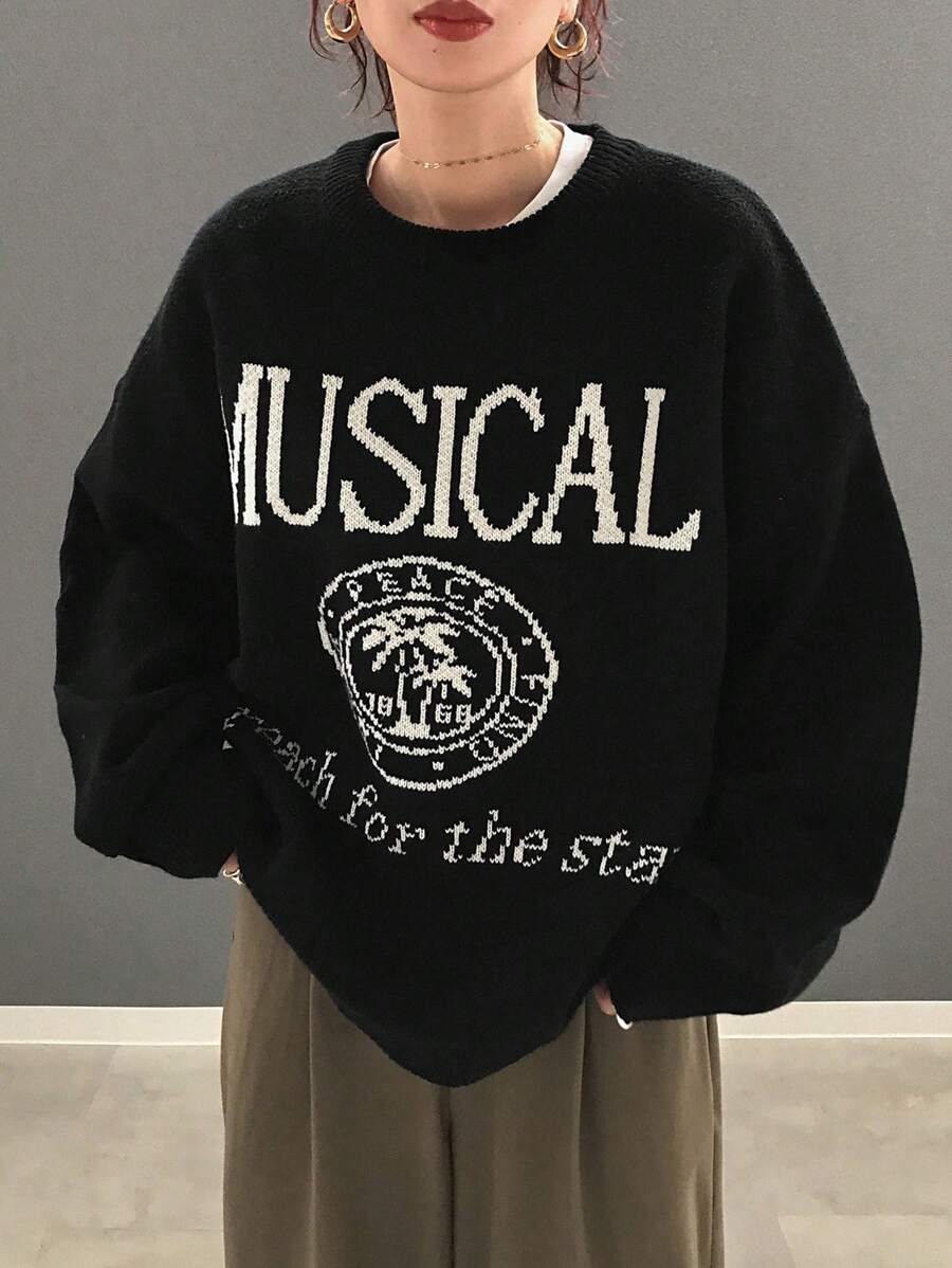 FRIFUL 女士休闲字母印花落肩宽松毛衣，秋冬季，长袖上衣