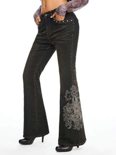 Grunge Punk Jean skinny évasé pour femme, style vintage délavé avec broderie de strass