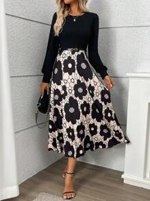 SHEIN Clasi Black Floral Print Patchwork Elegant Dress, For Autumn