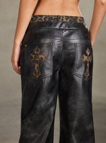 ROMWE Grunge Punk 女式仿旧复古 PU 拼布豹纹腰带和背部豹纹十字刺绣 PU 裤 - 黑色 - 查看 2