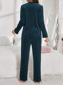 Front Open Long Sleeve Top & Pants Velvet Ladies Pajama Set