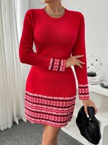 SHEIN Clasi Women Geometric Pattern Round Neck Long Sleeve Slim Fit Sweater Dress, Autumn/Winter For New Year Clothes Fall Cloth For Women - Red - View 6