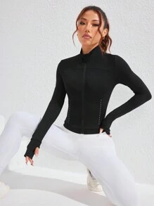 Women Solid Color Front Zipper Long Sleeve Casual Sports Jacket - Black - View 5