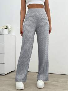 EURMUSE 女式纯色高腰休闲粗针织喇叭裤 - 淺灰色 - 查看 5