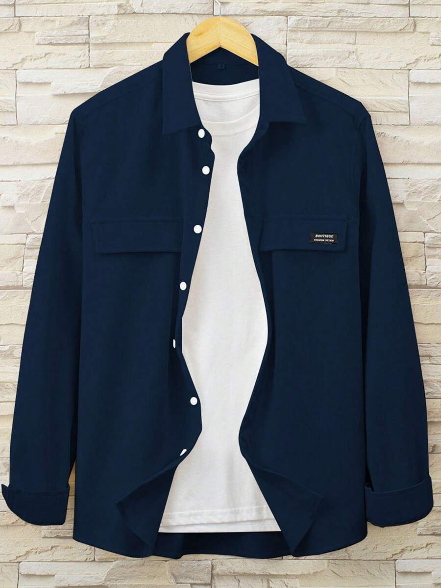 Manfinity Hypemode 1 件男士休闲纯色长袖衬衫，适合秋季穿着