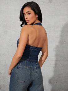 SHEIN Unity Women Front Button Simple Denim Casual Blouse - Dark Wash - View 2