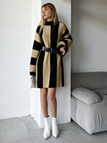EURMUSE 女士休闲拼色条纹立领喇叭袖针织毛衣连衣裙，秋冬 - 彩色 - 查看 3