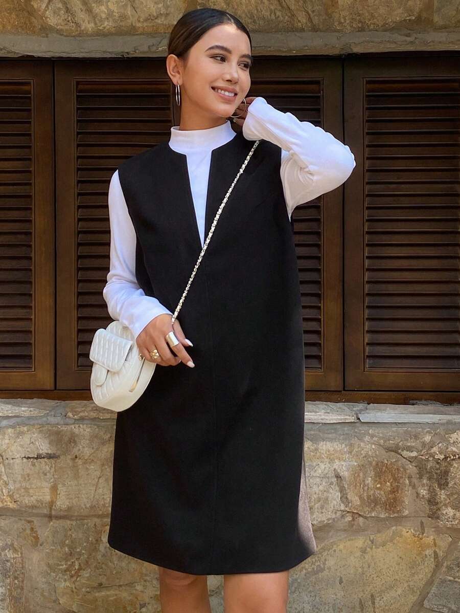 DAZY Đầm midi hở vai không tay cổ tròn màu trơn cho nữ, quần áo mùa thu - màu đen - Xem 1