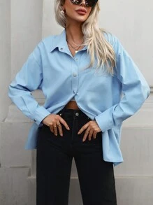 INAWLY 女士纯色前扣口袋休闲长袖衬衫