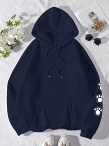 EMERY ROSE Plus Size Women's Dog&Dog Claw TALK TO THE PAW Graphic Drawstring Hooded Sweatshirt Fall Cloth For Women Winter Autumn - Navy Blue - View 2