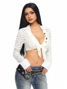 ROMWE Y2K Style Lace Up Cropped Sheer Long Sleeve Overlay Top - White - View 1