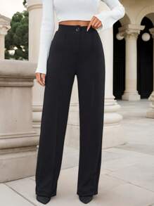 EURMUSE Solid High Waist One Button Detailed Zipper Pants - Black - View 1