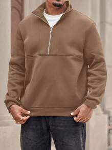 Manfinity Homme Plus Size Men's Solid Color Front Zip Up Relaxed Fit Sweatshirt, Casual - Khaki - View 1