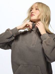 MISSGUIDED 四分之一拉链套头衫，带袋鼠口袋，柔软法国毛圈布，运动休闲家居服，秋冬必备 - 灰色 - 查看 4