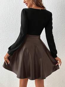 SHEIN Frenchy 方领灯笼袖 PU 皮革 A 字形连衣裙（无腰带）