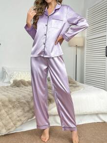 2件套女士斜纹领撞色滚边纽扣长袖上衣和裤子睡衣套装，秋冬服装 - 淡紫色 - 查看 4