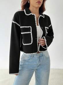 SHEIN PETITE Contrast Binding Cropped Overcoat For Autumn & Winter - Black - View 5