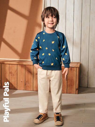SHEIN 2 piezas Conjunto de niños pequeños con sudadera y pantalón de chándal con estampado de dibujos animados divertido - Trajes Lindos/Retro/Casuales/Para casa/Para Salir de Invierno/Otoño para Ropa de Niño Pequeño/Ropa de Otoño para Niño Pequeño