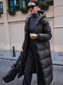 EURMUSE 全彩连帽夹克，带口袋，中长款 - 黑色 - 查看 9