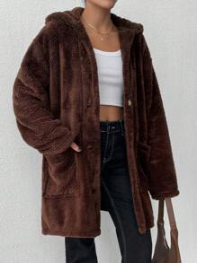 RueChic Brown, Front Button Detailed Extra Soft Cozy New Season Faux Fur Coat - Brown - View 1